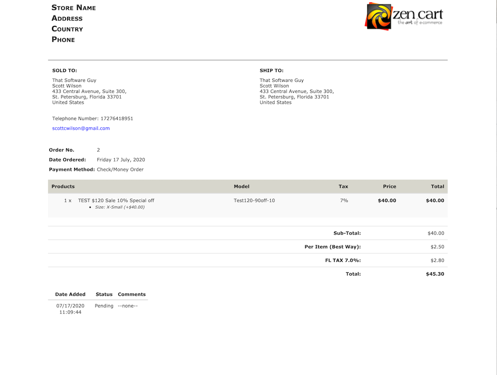 Zen Cart Invoice